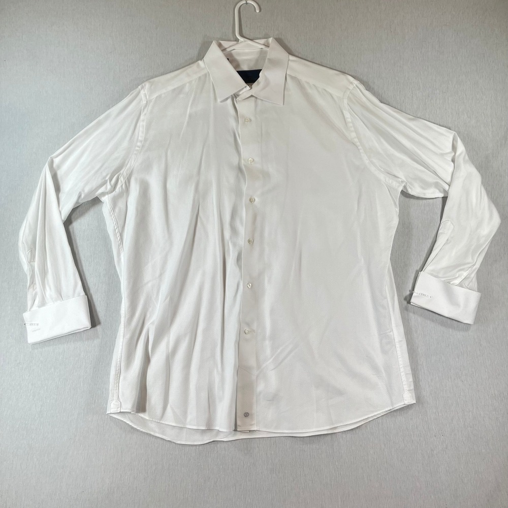 David Donahue Dress Shirt Mens 17.5 34/35 White Textured Trim Fit French Cuff